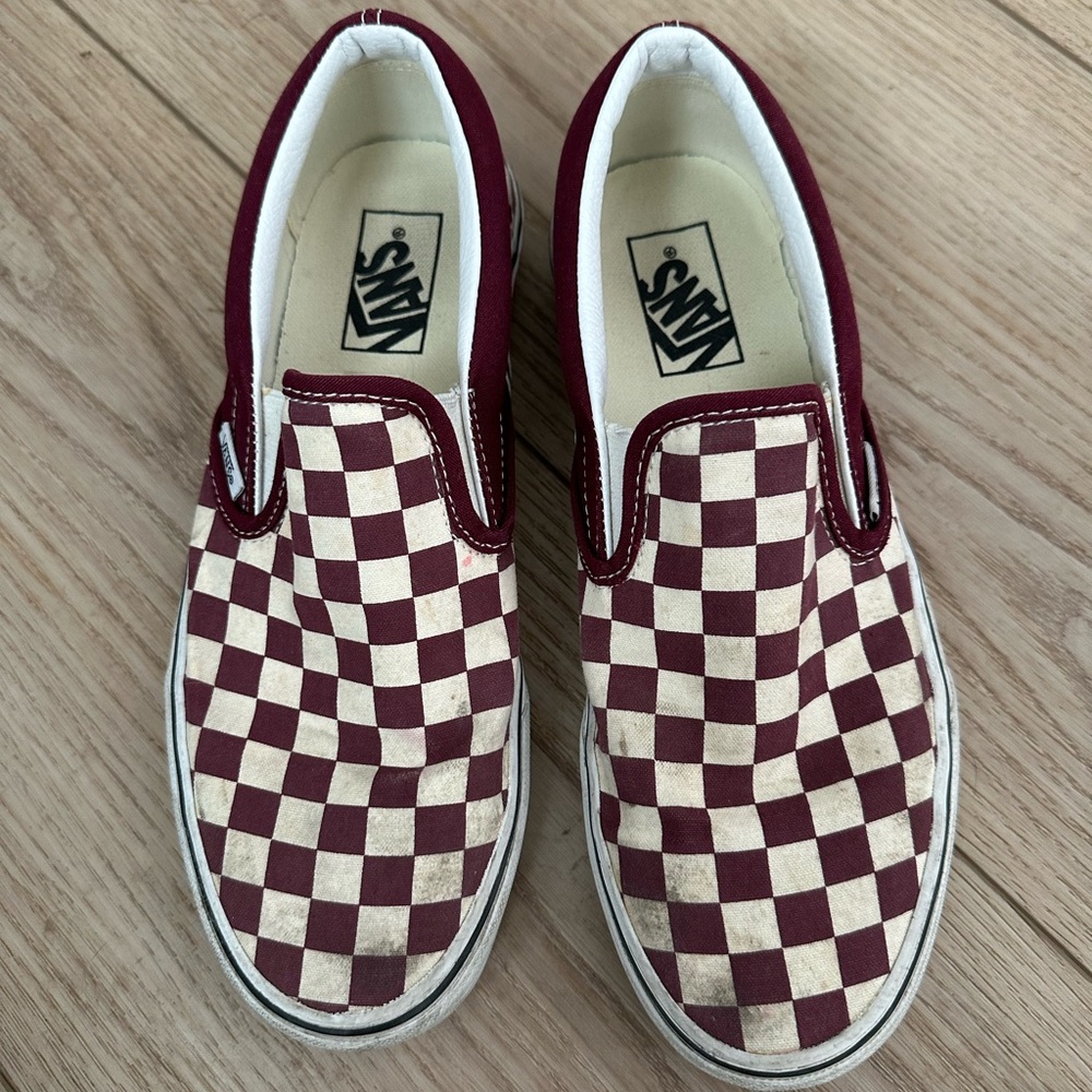 Vans Checkerboard Slip-On Shoes - Maroon and White
